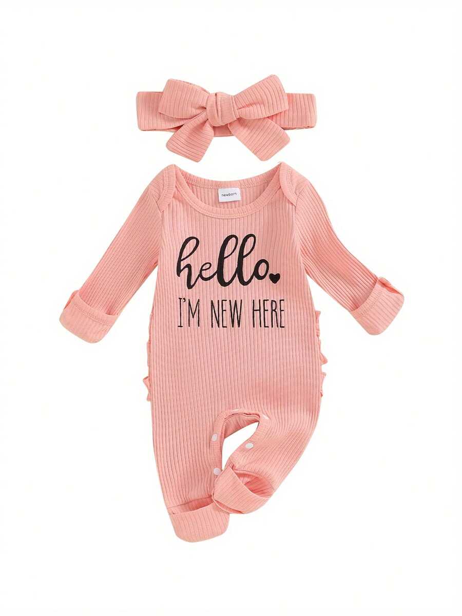 Newborn Baby Girl Fall Winter Clothes Ribbed Jumpsuit Long Sleeve Ruffle Romper With Headband Coming Home Outfits - Pink - View 1