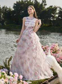 Faeriesty Luxe Elegant Sleeveless Tulle Evening Gown With Lace Trim & Multi-Layer Ruffled Hem - Pastel Floral Print Dress For Wedding, Bridal Shower, Evening Gala