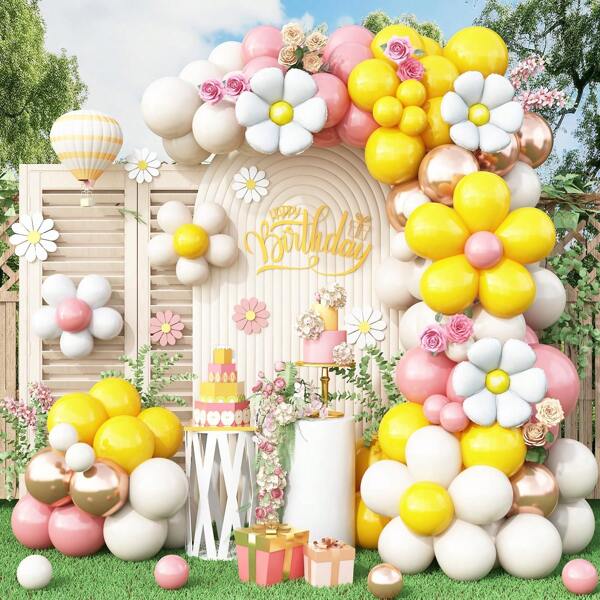 Daisy Balloon Garland Arch Kit,Retro Yellow Pink White Gold Hippie Boho Balloons Garland Daisy Flower Balloons For Birthday BabyShower Bridal Wedding Groovy Daisy Party Decorations