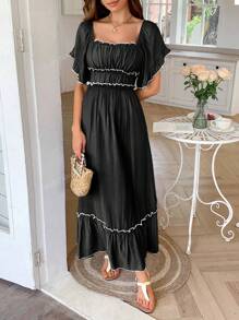 PoPoHouse Women's Dress Summer Vacation Casual Color Contrast Skirt With Ruffled Puffy Sleeves