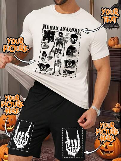Personligt Halloween-set i 2 delar för män, t-shirt och shorts, avslappnad, lös passform. Ladda upp din egen text (namn, slogan, rolig text, välsignelse), foton (partner, husdjur, grupp), företagsuniformer, festdräkter. Lämplig som present till pojkvän, familj, vänner för födelsedagar, helgdagar, alla hjärtans dag, årsdagar.