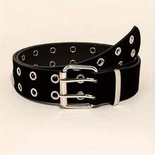 A Double Needle Metal Buckle With Black Retro Punk Strap, Hip-Hop PU Strap, Fashionable Casual Retro, Suitable For Daily Travel, Street Parties, And Holiday Wear - 黑色 - 查看 1