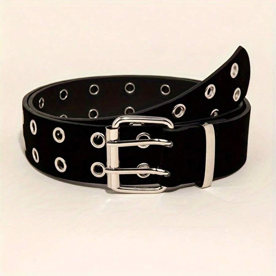 A Double Needle Metal Buckle With Black Retro Punk Strap, Hip-Hop PU Strap, Fashionable Casual Retro, Suitable For Daily Travel, Street Parties, And Holiday Wear - 黑色 - 查看 1