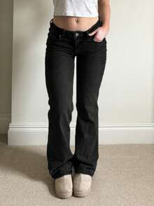 MYOURSA Low Rise School Y2k Flare Leg Jeans - Black - View 6