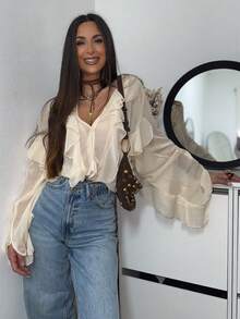 HH 2025 Spring Women Elegant V-Neck Blouse Single-Breasted Women Long Sleeves Laminated Decorative Solid Shirt - Beige - View 7