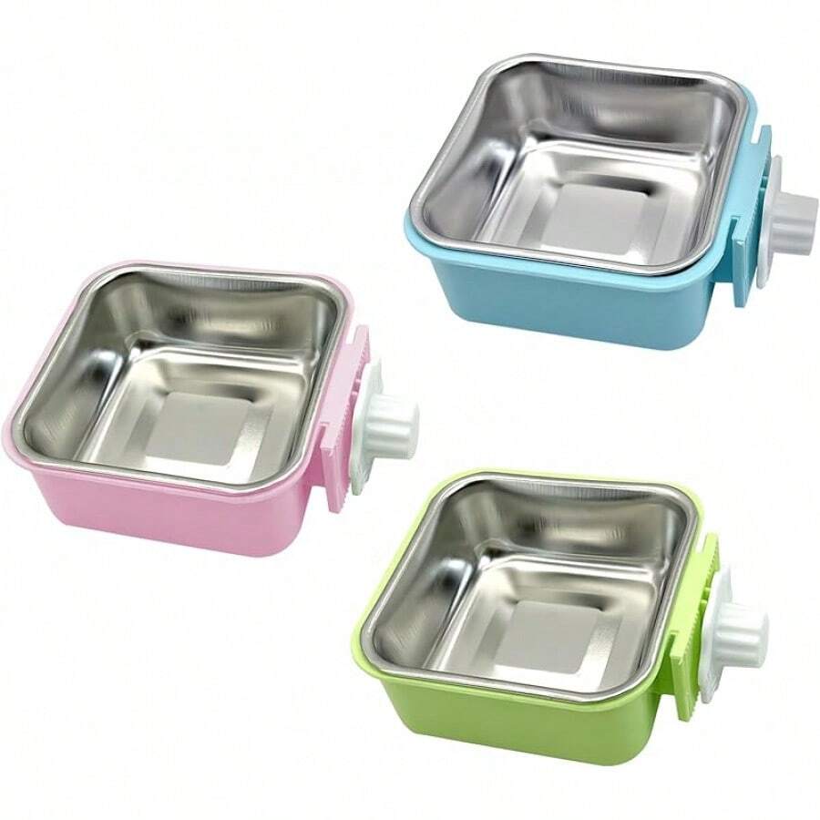 Kathson 2PCS Stainless Steel Dog Bowls Set Removable No Tip Puppy Food And Water Feeder Bowl Basic Metal Small Dog Bowls For Dogs Cats Rabbit Guinea Pigs Ferret FUOT - 正方形(藍色,綠色,粉紅色) - 查看 1