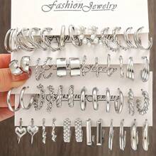 Conjunto de 48 piezas de Aros de metal minimalistas de estilo Ins de moda para mujeres, que incluyen diseños cuadrados, geométricos, de corazón y de perlas