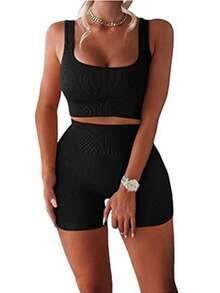 Workout Sets For Women 2 Piece Outfits Sexy Summer Sweatsuits Jogging Suits Casual Bodycon Tracksuits, Workout Sets For Women 2 Piece Seamless Ribbed Crop Tank High Waist Shorts Yoga Outfits