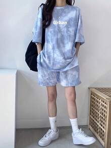 [AICJ 睡衣] 女士扎染字母印花休闲运动家居服套装，宽松圆领T恤和短裤，可作家居服或睡衣穿着，两件套，清爽浅蓝色 - 藍色 - 查看 2
