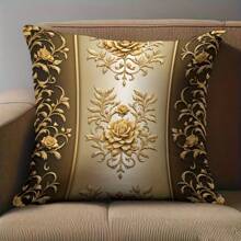 1PC Modern Golden Floral Decorative Pillow Covers 45.72x45.72 Cm - Single-Sided Printed Zipper Closure, Machine Washable 100% Polyester For Living Room, Bedroom & Sofa Decor, Bedroom Accessories, Contemporary Style, Smooth Texture Fabric
