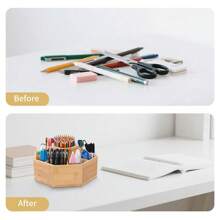360° Rotating Desktop Storage Box Bamboo Rotating Storage Box With 8 Compartments Can Hold More Than 300 Pencils, Pens, Markers, Brushes Suitable For Living Room Study Office Desktop