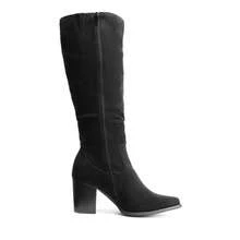 Women's Knee-High Boots, Comfortable Chunky Block Heel Pointed Toe Pull On Side Zipper Suede Slouch Riding Boots - Black - View 6