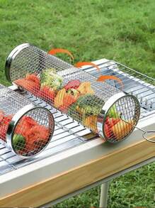 2 Pieces BBQ Grill Set, Stainless Steel BBQ Grill Set, Portable Outdoor BBQ Basket, Portable Round Stainless Steel Campfire Grill, Multi-Purpose Camping Grill Accessory, Outdoor BBQ Basket