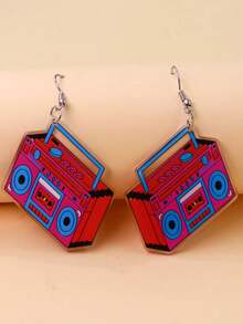 1 Pair Vintage Acrylic Magenta Radio & Cassette Tape Minimalist Design Earrings For Women