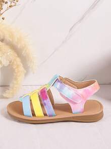 1 Pair Girls Colorful Patent Leather Flat Hook And Loop Princess Sandals, Suitable For Summer