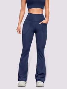 1pc Women High Waist Flare Yoga Pants With Pockets, Stretch Solid Color Breathable Tight Bootcut Pants For Outdoors, Sports, Running,Tennis, Leggings - Navy Blue - View 2