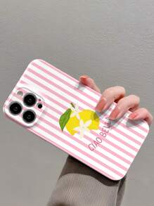 1 pièce Étui de téléphone rigide avec motif floral de citron à rayures minimaliste, perforé et brillant. Convient pour 11/12/13/14/15/16 Pro Max