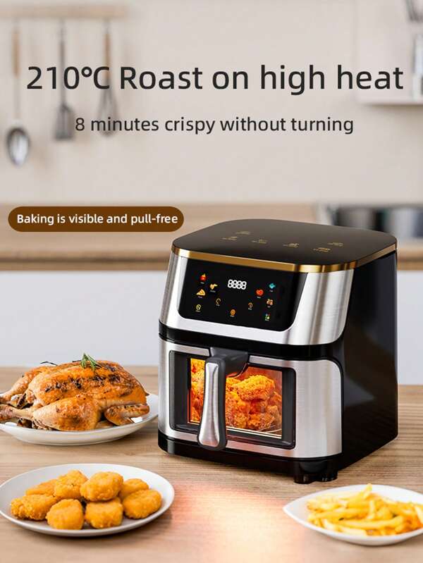 1pc 10L/10.57qt Air Fryer, 220V 1400W Powerful Motor, 360° Hot Air Circulation, LED Touch Screen, Transparent Window, Multifunctional Kitchen Appliance, Healthy Cooking, Oil-Free Frying, Fast Heating, Suitable For Home & Office