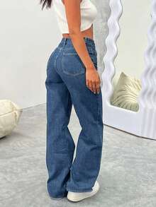 Jeans droits de mi-taille non élastiques de style rétro européen lavés. Nouveau pantalon en jean ample pour femmes, convient pour toutes les saisons - Jean brut - Voir 3