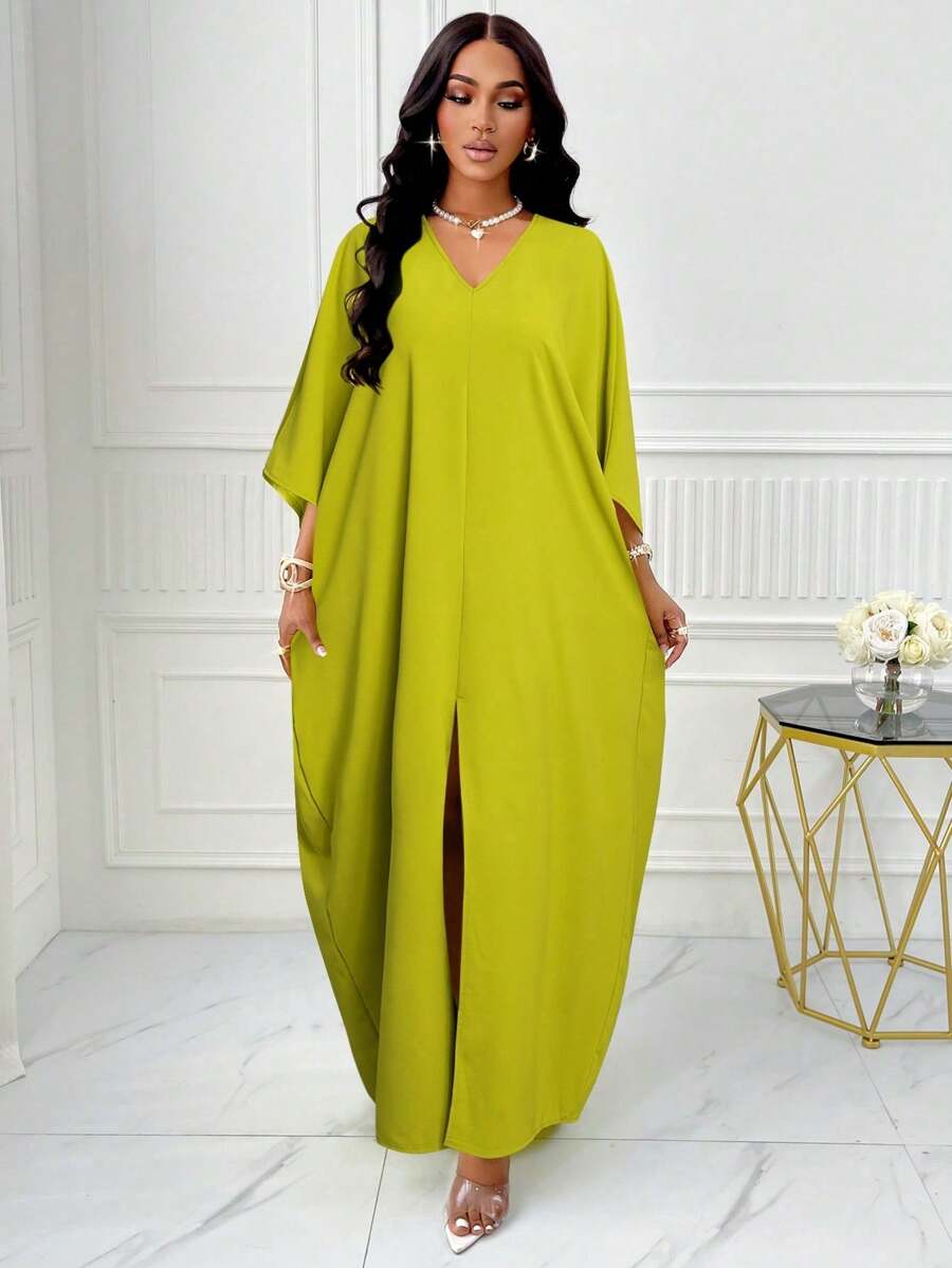 Women's Fashion V Neck Batwing Sleeve Split Thigh Dress