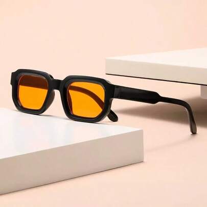 复古方形镜框时尚眼镜，厚框矩形镜片，适合小脸型，黄色镜片，复古风格