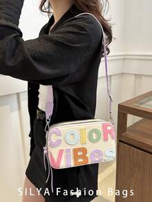 1 件装多巴胺色 PU 字母绗缝相机包，带双拉链和宽肩带，适合时尚女性的单肩包和斜挎包 - 米色 - 查看 2