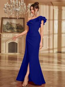 High Slit Beaded Back Ruffled Hem Fitted Cocktail Party Dress, Spring/Summer, Elegant - Royal Blue - View 5