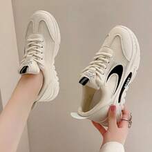女士网眼厚底运动鞋，休闲白鞋，百搭跑鞋，透气运动鞋，防滑橡胶鞋底，时尚修身款式，建议订购大一码 - 米色 - 查看 2