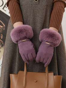 1 Pair Solid Color Elegant Casual Polyester Touchscreen Full Finger Gloves, Warm, Fashion, Suitable For Daily Wear, Cycling, Students, Plush Cuff, Women, Autumn/Winter