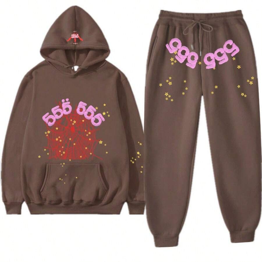 Hip Hop Spider Hoodies Set Y2k Hoodie Tracksuit Pullover Sweatshirt For Women Men Matching Hoodies Street Suit Two-Piece Set  All Over Print  Animal  Cut & Sew    Casual  Cute    Drawstring    Conjunto Para Mujer - 棕色 - 查看 1
