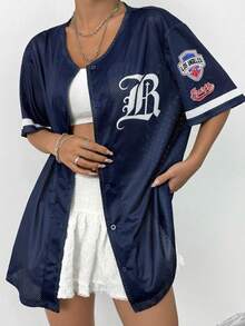 Women's Mesh Printed Open Front Short Sleeve Athletic T-Shirt - Navy Blue - View 4