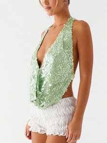 Women Y2k Sequin Halter Top Low Cut Cowl Neck Backless Tank Tops Sparkle Shimmer Camisole Summer Glitter Sleeveless Cami Party Going Out Tops Sexy Club Rave Tops Streetwear - màu xanh lá - Xem 2