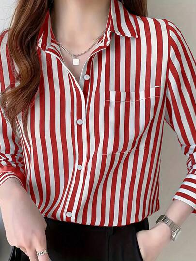 Camisa casual de oficina de manga larga con bolsillo y diseño holgado a rayas para mujer, primavera y otoño
