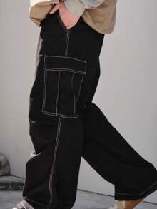 Black Cargo Pants Contrast Side Pockets Elastic Waist Black White Stitching Skater Street - đường trắng - Xem 1