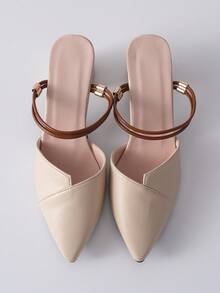 女士高跟穆勒鞋尖头春夏新款时尚粗跟两穿米色凉鞋圣诞节冬季圣诞礼物 - 米色 - 查看 2