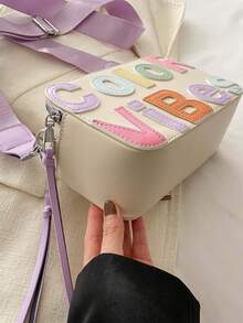 1 件装多巴胺色 PU 字母绗缝相机包，带双拉链和宽肩带，适合时尚女性的单肩包和斜挎包 - 米色 - 查看 8