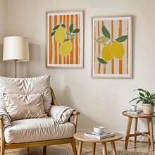 2pcs/Set Lemons Art Posters Print, Orange Color Stripes And Lemons Art, Modern Country Farmhouse Style Retro Minimalist Lemon Wall Art, Kitchen Wall Decor, Cute Lemon Print, No Frame