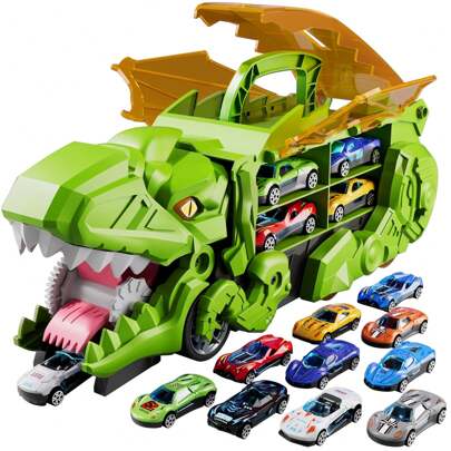 طقم لعبة سيارات لعينة الديناصور تيرانوصور ريكس الواقعية المذهلة ، مع سيارات صغيرة متعددة الألوان - هدية تعليمية مثيرة للأعياد الميلاد ، عيد الميلاد ، أو عيد الهالوين