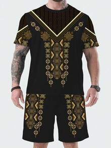 Zero limit Plus Size Men's Retro Print Pattern Sports Set, Casual Outfit T-Shirt And Shorts 2 Pieces, Suitable As Gift For Boyfriend, Husband, Father. Applicable For Golf, Fishing, Basketball, Camping, Gym, Beach - Black - View 1