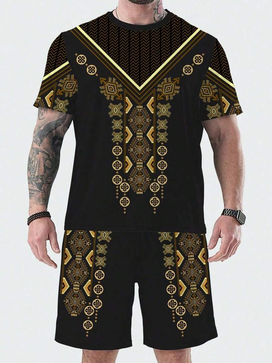 Zero limit Plus Size Men's Retro Print Pattern Sports Set, Casual Outfit T-Shirt And Shorts 2 Pieces, Suitable As Gift For Boyfriend, Husband, Father. Applicable For Golf, Fishing, Basketball, Camping, Gym, Beach - Black - View 1