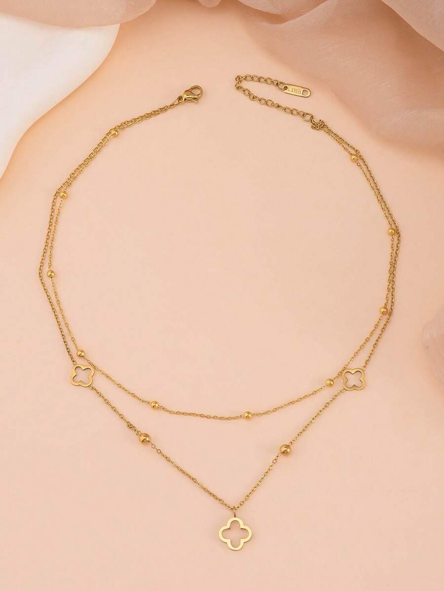 1pc Titanium Steel Hollow Shell& Four-Leaf Flower Charm Necklace, Fashion Snake Bone Chain Women's Gift - Golden 1 - View 1