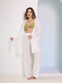 Women's Beachwear Set, Long Sleeve Coat And Simple Casual Pants - trắng - Xem 1