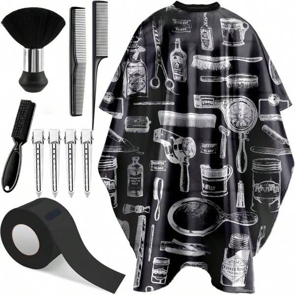 10 PIÈCES Cape de coupe de cheveux de barbier avec brosse à poussière de cou, brosse de barbier, bandes de cou, peignes à cheveux, pinces à cheveux. Accessoires professionnels de barbier, fournitures de nettoyage pour salon de coiffure, coupe de cheveux, coiffure, rentrée scolaire, voyages, vacances, accessoires pour cheveux pour femmes