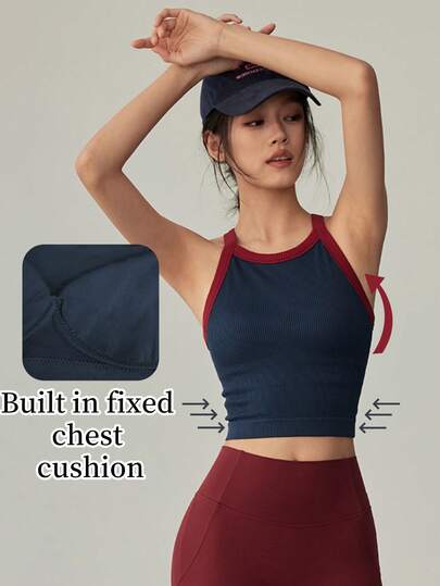 Fixed Cup Sports Underwear Color Blocked Shockproof Female, Professional Training Yoga Pilates Fitness Tank Top