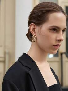 2只时尚金属双圈水滴形夹式耳环，适合无耳洞人士佩戴，圣诞节冬季礼物 - clip - 查看 4