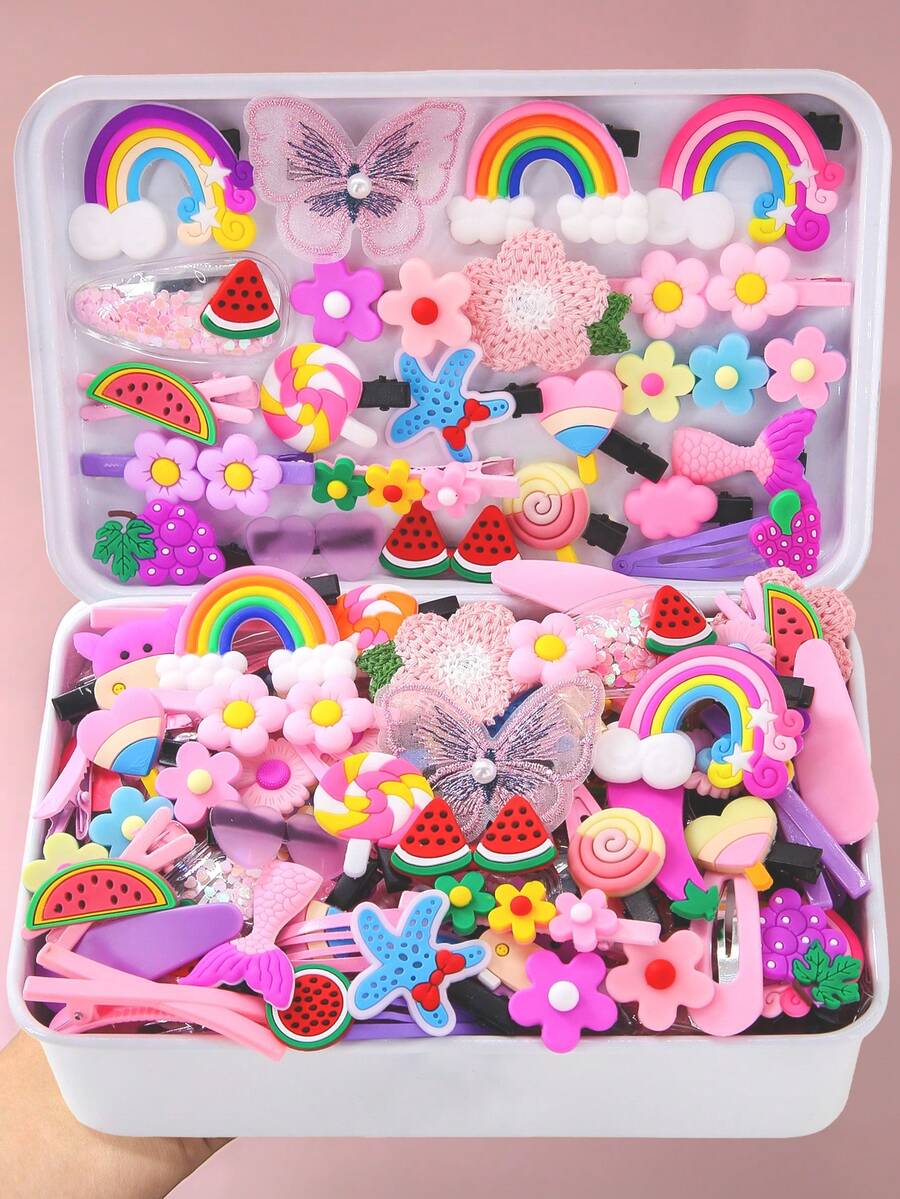 42个女孩蝴蝶、水果、动物、卡通、花朵、彩虹随机款式发夹，简约发卡，适用于刘海、侧发、发夹，用途广泛，日常佩戴，礼品 - 彩色 - 查看 1
