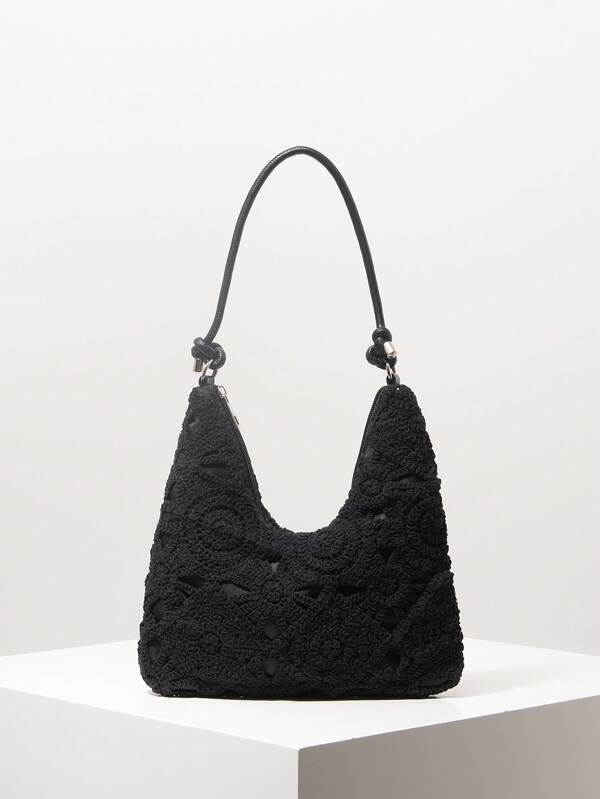 Bolso de hombro tejido con floral calado para mujer, esenciales de playa, bolso de rafia, accesorios de playa para mujer, set de ganchillo, bolso elegante para mujer, billetera casual de vacaciones de paja (el patrón es aleatorio)