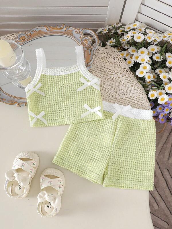 2pcs Baby Girl Cute Hollow Out Camisole And Shorts Set, Lightweight For Summer