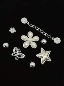 8pcs Silver Casual Fashion Shoe Charms (Pearl Flower, Big Star, Butterfly, Rhinestone Flower), Silver Chain DIY Decorative Accessories, Suitable For Women's Sandals, Slippers, Perforated Shoes, Sandals And Beach Bags - Perfect Gift For Holidays And Special Occasions