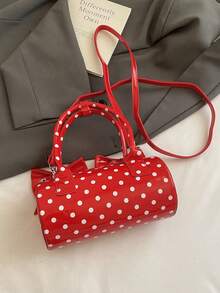 Stylish Red Handbag With Cute Bow & Polka Dot Pattern, Round Cylinder Shaped Crossbody Bag, Boston Pillow Bag, Phone Pouch, Fashionable & Defined For Women, Suitable For Party, Shopping, Dating, Gift - Red - View 10